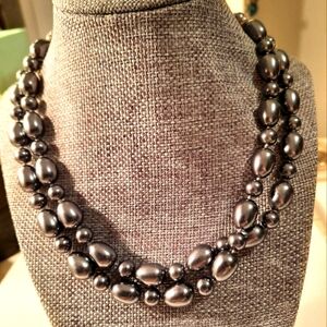 Monet Double Strand Bided Neclase With Dark Greay Feux Pearls